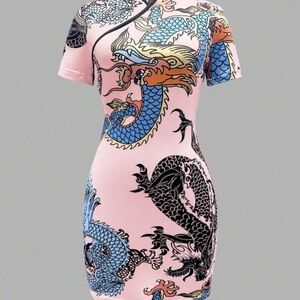 Pink Dragon Print Women's Dress